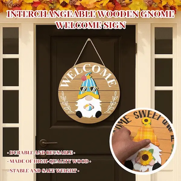 Interchangeable Wooden Gnome Welcome Sign